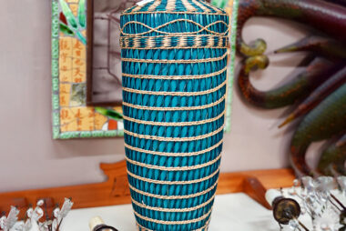 Antique Japanese Kyoto Awaji Pottery Turquoise Split-Bamboo Wrapped Vase