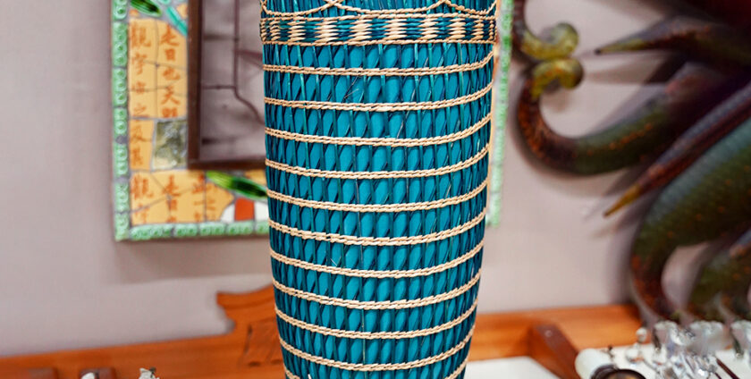 Antique Japanese Kyoto Awaji Pottery Turquoise Split-Bamboo Wrapped Vase