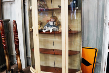 Antique Painted Oak Round China Cabinet Painted Soft Green Original Glass