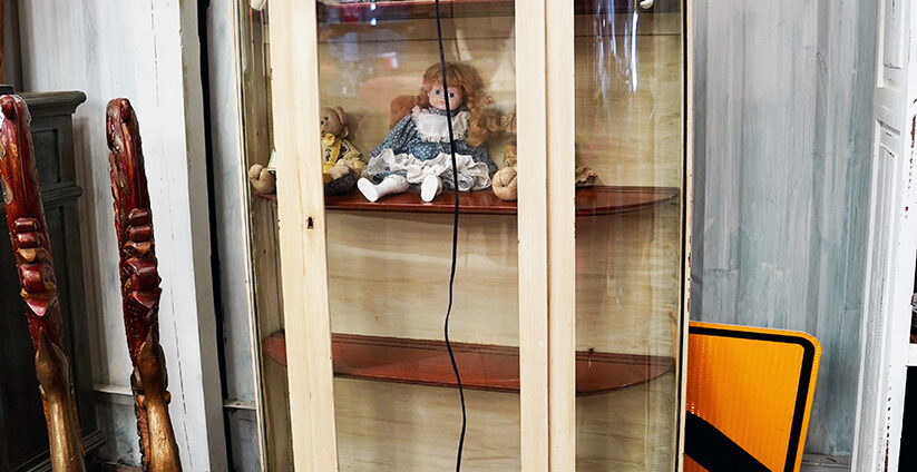 Antique Painted Oak Round China Cabinet Painted Soft Green Original Glass